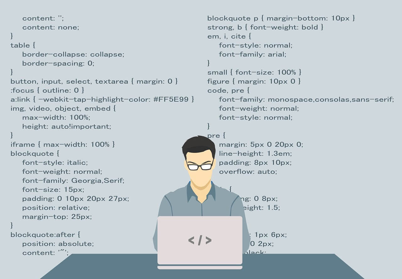 An illustration of a man coding on a laptop