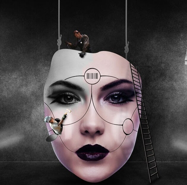 A face of a female robot being shaped and painted by artists.