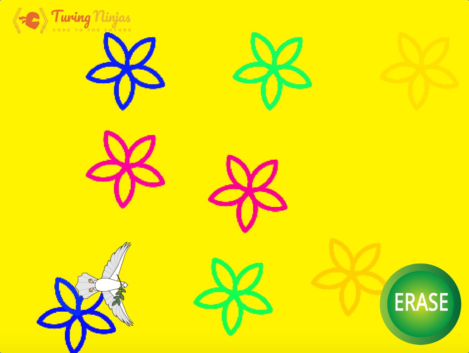 Drawing of colorful flowers on a yellow background.