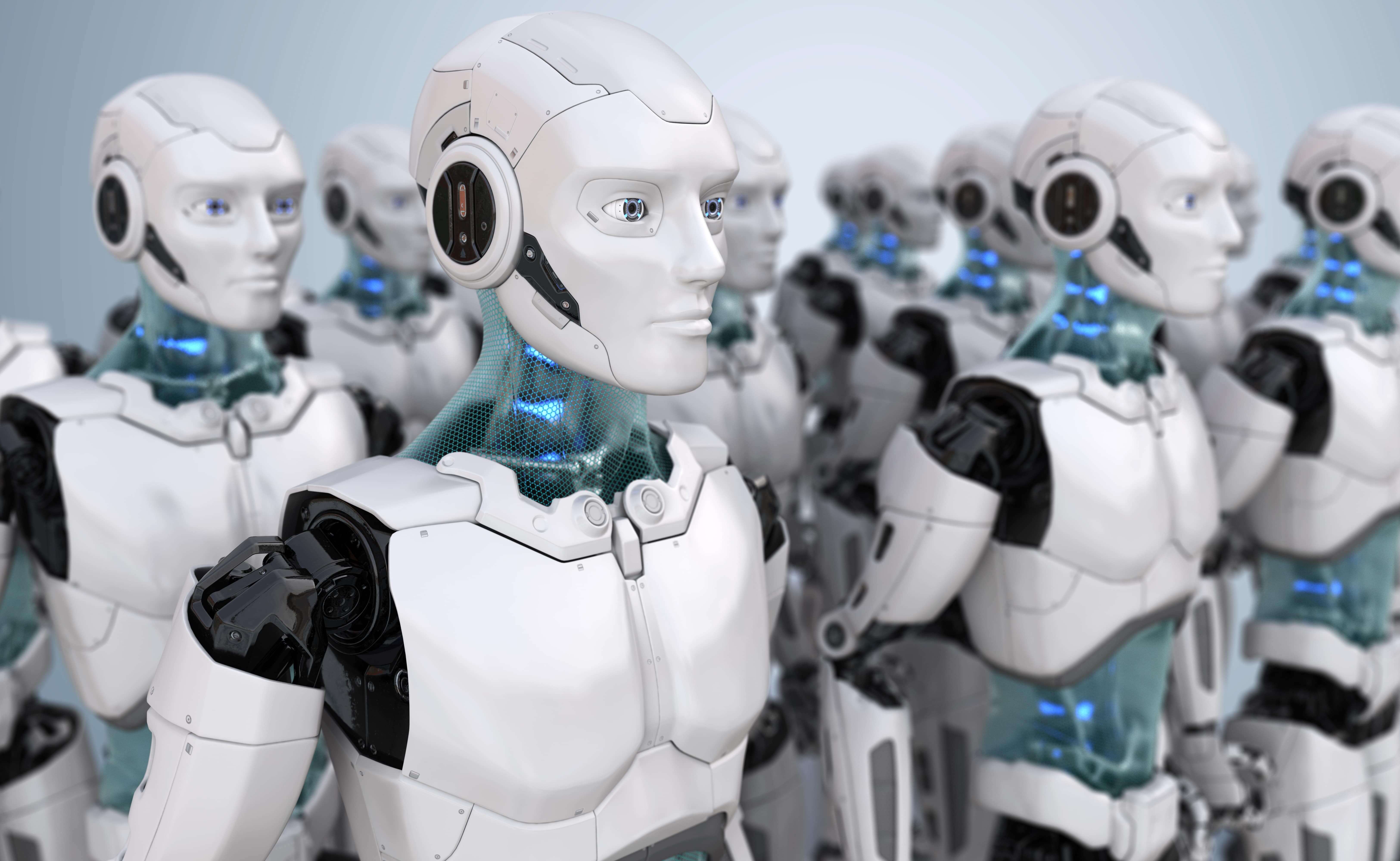 A group of white robots standing systematically