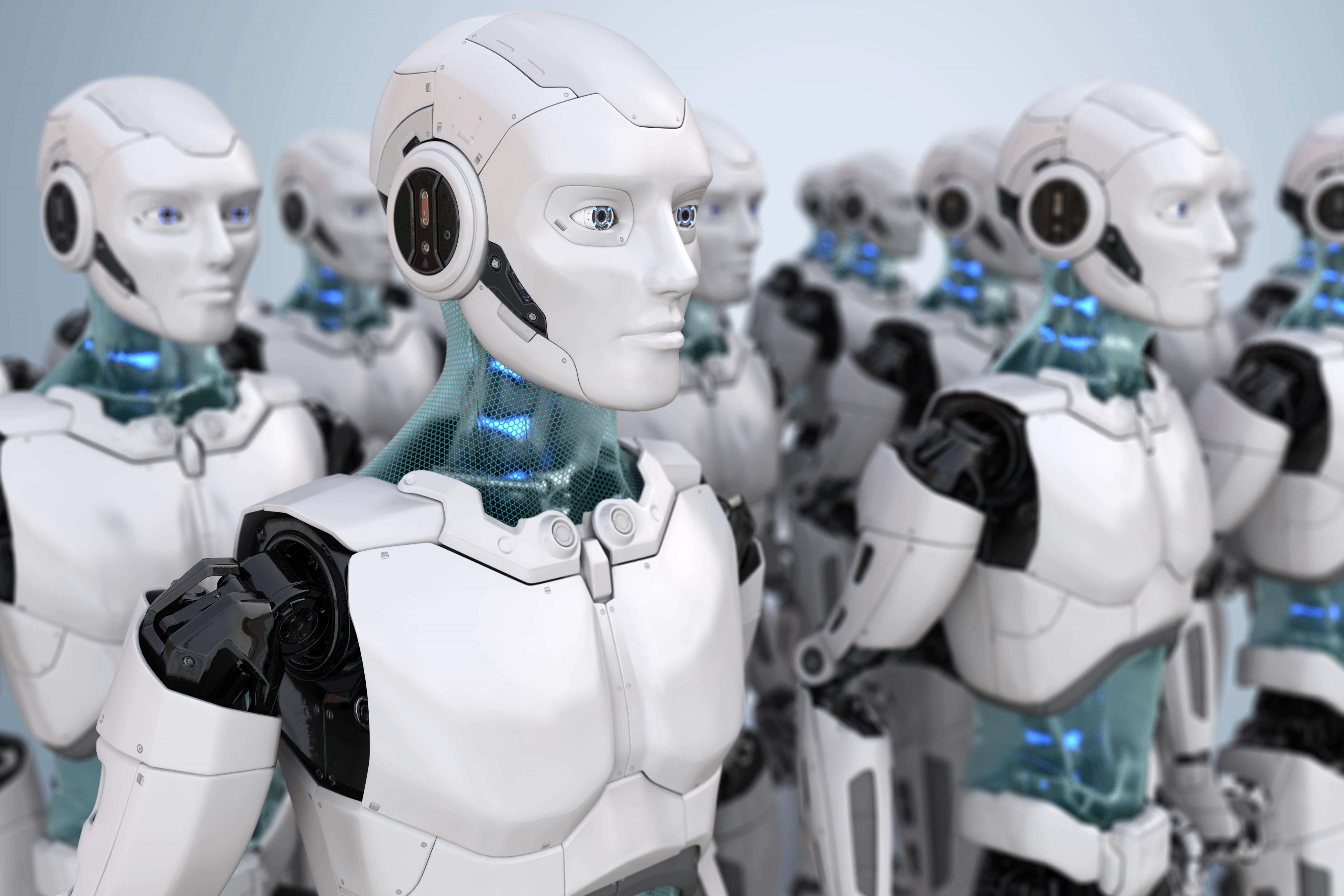 A group of white robots standing systematically