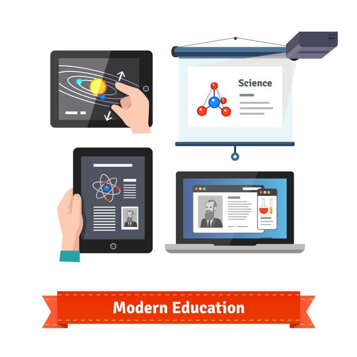 An illustration of modern education shown through images of macbook, ipad,tablet and poster