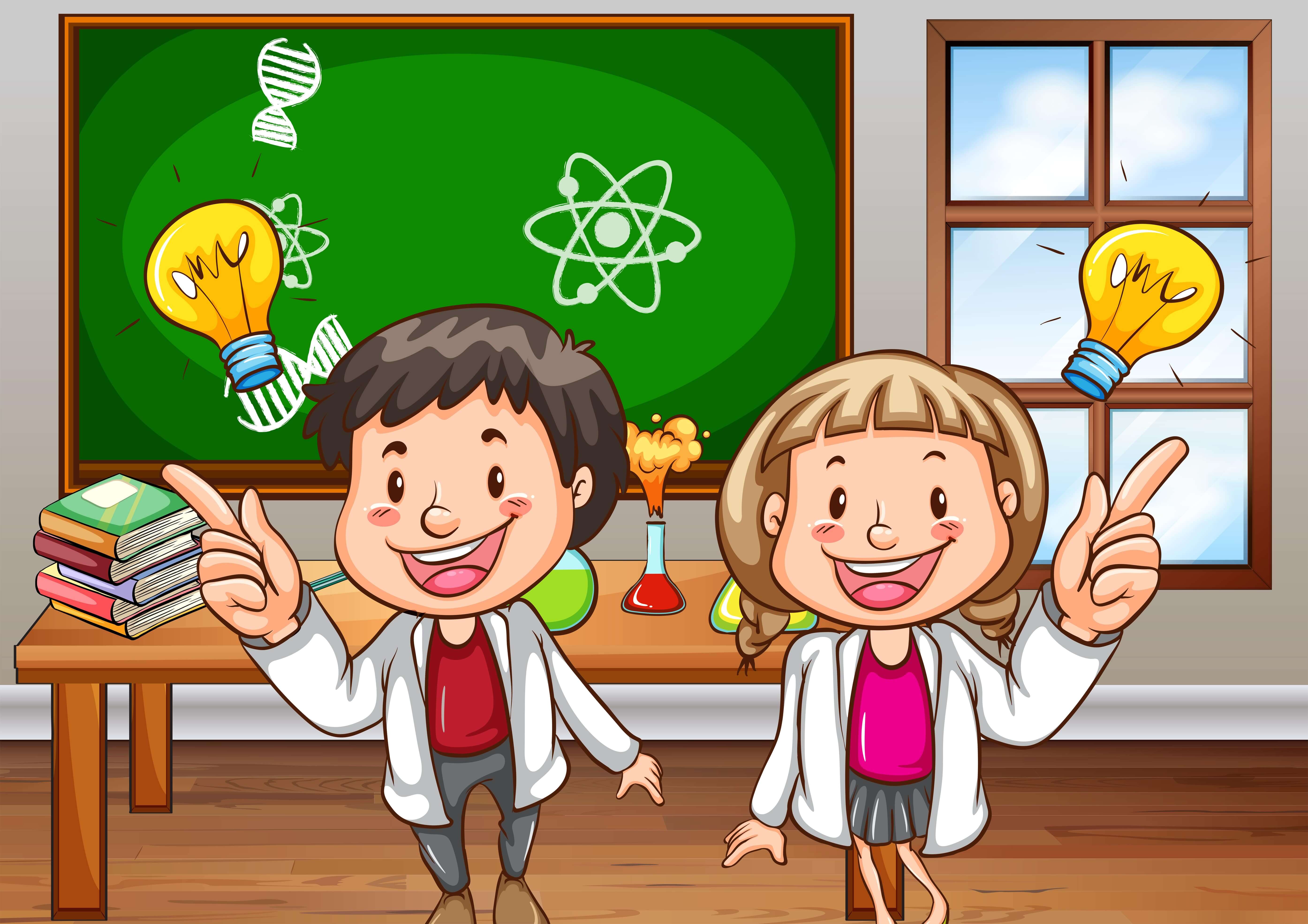 Cartoon of two kids in lab giving expression as if they got an idea