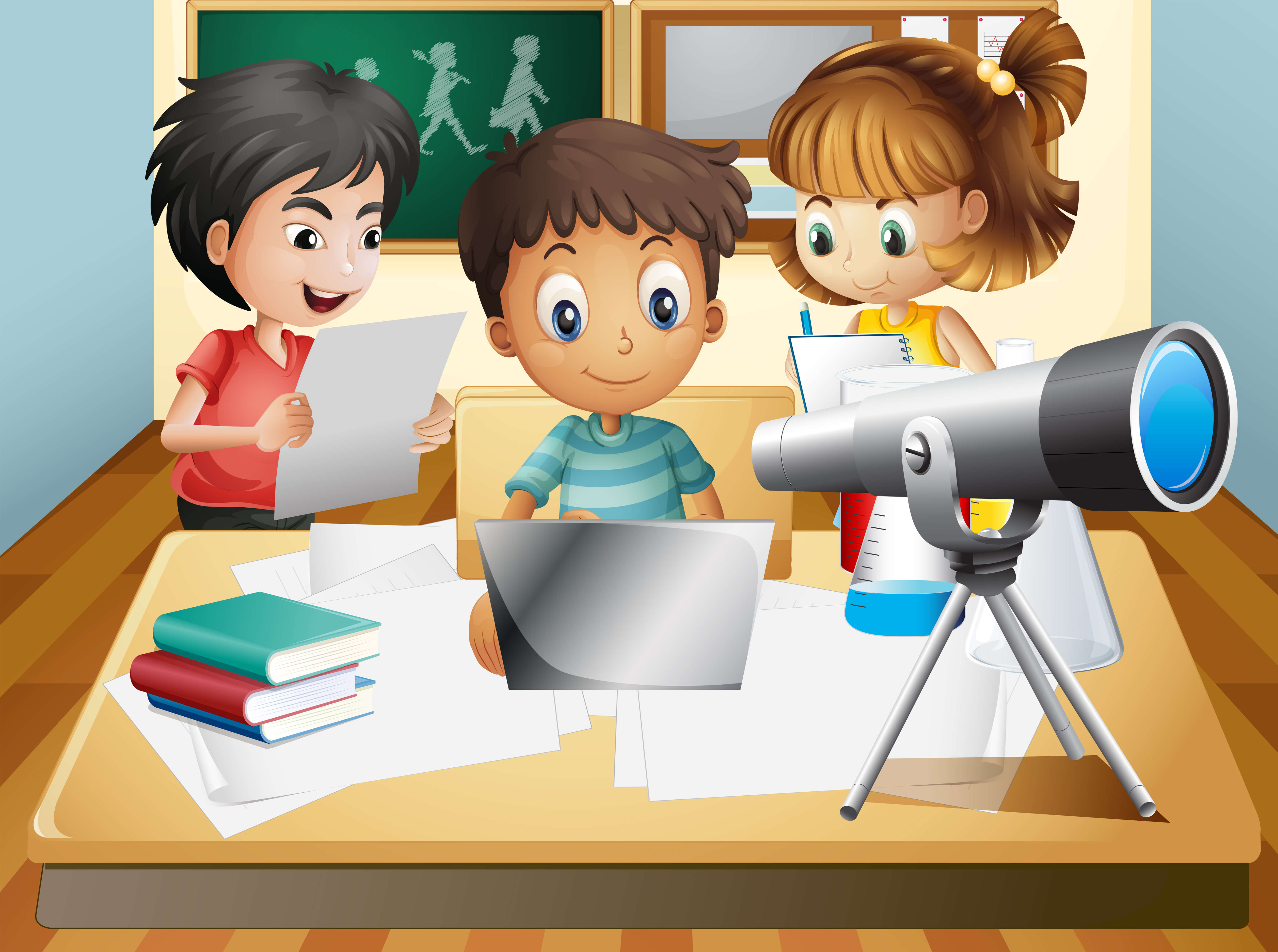 Three kids involved in their studies with a laptop and telescope on the table