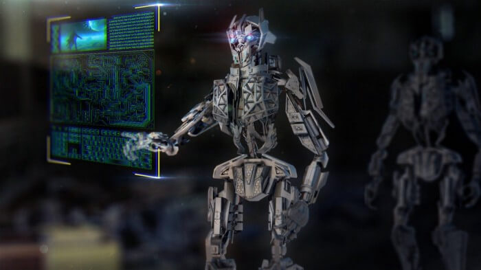 An image of a robot using a hologram computer screen