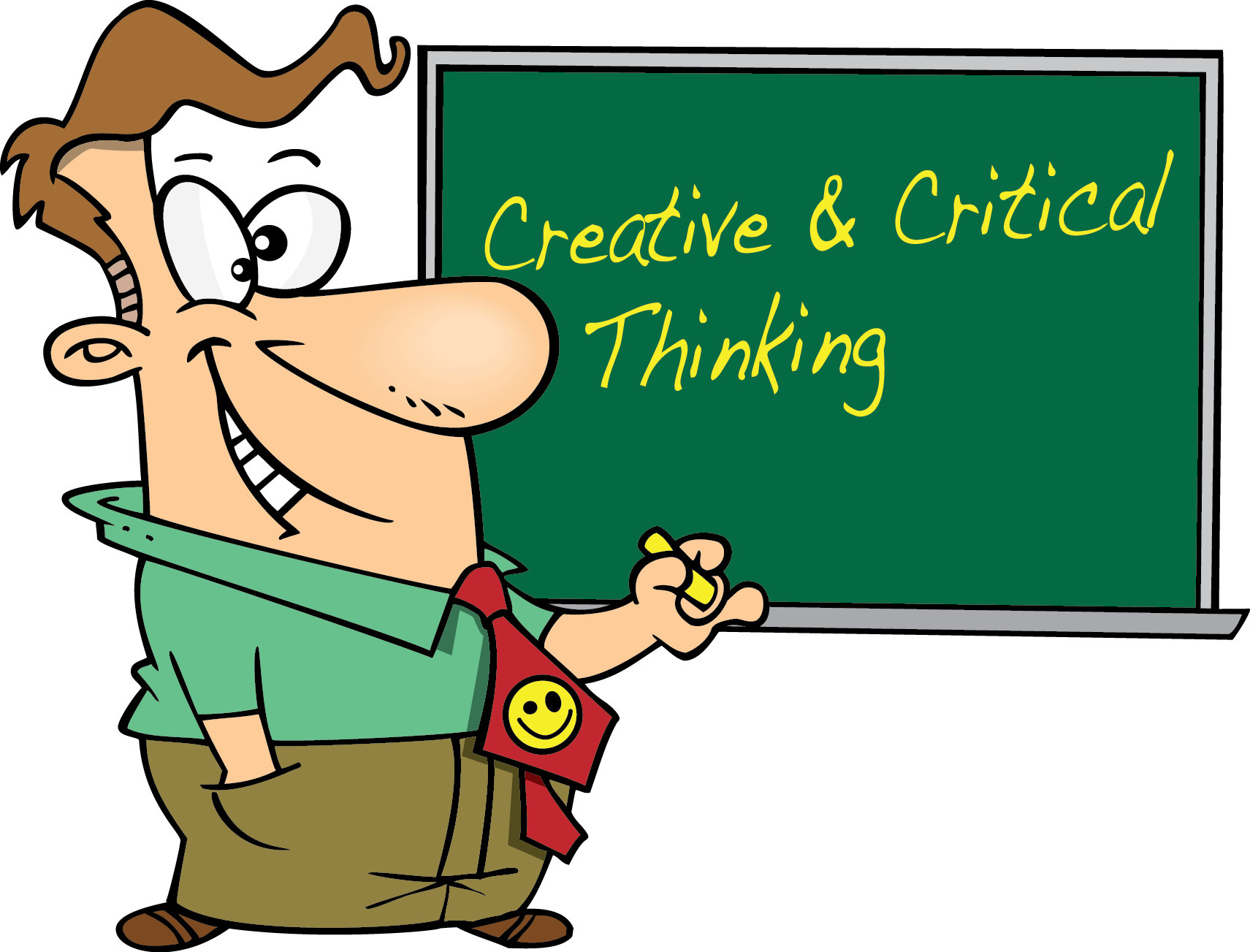 A cartoon of a teacher, explaining creative and critical thinking