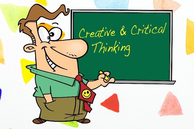 A cartoon of a teacher, explaining creative and critical thinking